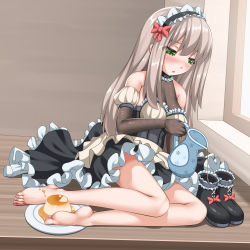 Rule 34 | 1girl, bare shoulders, barefoot, blush, elbow gloves, feet, food, gloves, green eyes, grey hair, highres, long hair, maid, open mouth, original, pouring, pudding, shoes, unworn shoes, soles, solo, teapot, toes, zoquqot