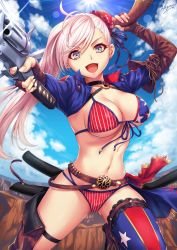 Rule 34 | 1girl, american flag bikini, american flag print, artist name, belt, bikini, blue eyes, breasts, cleavage, collar, collarbone, commentary request, dual wielding, fate/grand order, fate (series), flag print, front-tie bikini top, front-tie top, hair bun, highres, holding, holding weapon, jacket, large breasts, long hair, miyamoto musashi (fate), miyamoto musashi (fate/grand order), miyamoto musashi (swimsuit berserker) (fate), miyamoto musashi (swimsuit berserker) (second ascension) (fate), multi-strapped bikini bottom, navel, open mouth, pink hair, pouch, print bikini, sakiyamama, scabbard, sheath, signature, single hair bun, single leg pantyhose, solo, swimsuit, thigh pouch, thighhighs, weapon