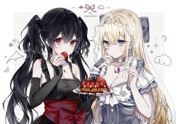 Rule 34 | 2girls, absurdres, bizet, black dress, black gloves, black hair, blonde hair, blue eyes, border, bow, breasts, cake, choker, closed mouth, commission, corset, crossed bangs, dress, eating, elbow gloves, english text, eyeball, fingerless gloves, food, frilled dress, frills, fruit, gloves, grey dress, hair between eyes, hair ornament, highres, holding, holding food, long hair, looking at viewer, medium breasts, mole, mole on breast, multiple girls, original, red bow, red corset, red eyes, ribbon, short sleeves, sidelocks, strawberry, twintails, upper body, white border, white choker, x hair ornament
