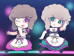 Rule 34 | 2girls, ;d, afro, alternate hairstyle, apron, big hair, black pantyhose, blurry, blurry background, bow, bowtie, brown hair, chahan (fried rice0614), closed mouth, commission, dance floor, dress, full body, green dress, green eyes, green footwear, grey hair, index finger raised, looking at viewer, multiple girls, nishida satono, one eye closed, open mouth, pantyhose, pink dress, pink eyes, pink footwear, short sleeves, sidelocks, skeb commission, smile, standing, teireida mai, touhou, white apron, yellow bow, yellow bowtie