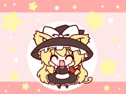 Rule 34 | 1girl, animal ears, arms up, blonde hair, blush stickers, bow, cat ears, cat girl, chibi, closed eyes, fang, female focus, hair bow, hat, hat bow, kemonomimi mode, kirisame marisa, long hair, meme, open mouth, ritateo, solo, star (symbol), tail, touhou, witch, witch hat