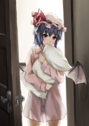 Rule 34 | 1girl, backlighting, bad id, bad pixiv id, bat wings, biting, blue hair, bottomless, female focus, hat, no pants, hugging object, pillow, pillow bite, pillow hug, pointy ears, red eyes, remilia scarlet, short hair, solo, standing, touhou, wings, xiao qiang (overseas)