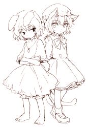 Rule 34 | 2girls, animal ears, arms behind back, bad id, bad pixiv id, barefoot, bloomers, bow, carrot necklace, cat ears, cat tail, chen, closed mouth, commentary request, crossed arms, dress, floppy ears, full body, furorida, greyscale, hat, highres, inaba tewi, jewelry, looking at another, mob cap, monochrome, multiple girls, multiple tails, necklace, nekomata, pendant, rabbit ears, shoes, short hair, sketch, socks, standing, tail, touhou, two tails, underwear