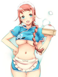 Rule 34 | 1girl, aqua eyes, bad id, bad pixiv id, bamboo steamer, baozi, blue eyes, braid, breasts, china dress, chinese clothes, cowboy shot, dress, food, hand on own hip, large breasts, long hair, midriff, nishieda, open mouth, red hair, round teeth, short sleeves, simple background, solo, teeth, underboob, waitress