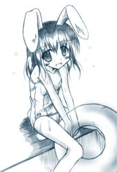 Rule 34 | 1girl, animal ears, blue theme, female focus, inaba tewi, monochrome, old school swimsuit, one-piece swimsuit, rabbit ears, school swimsuit, solo, swimsuit, touhou, white one-piece swimsuit, white school swimsuit