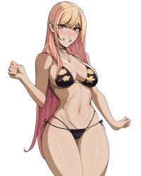 Rule 34 | 1girl, arm at side, bikini, black bikini, blonde hair, blush, bojinko, breasts, collarbone, cowboy shot, eyebrows, eyelashes, female focus, fingernails, gradient hair, grin, hand up, jewelry, kitagawa marin, large breasts, legs together, long hair, looking at viewer, multi-strapped bikini bottom, multicolored hair, navel, necklace, pink hair, red eyes, side-tie bikini bottom, simple background, smile, solo, sono bisque doll wa koi wo suru, standing, swimsuit, teeth, thighs, two-tone hair, white background, wide hips