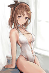 Rule 34 | 1girl, arm support, atelier (series), atelier ryza, atelier ryza 2, bare arms, bare shoulders, black ribbon, braid, breasts, brown eyes, brown hair, cleavage, clothing cutout, collarbone, commission, curtains, female focus, hair ornament, hair ribbon, halterneck, light blush, looking at viewer, medium breasts, medium hair, nannacy7, navel, navel cutout, one-piece swimsuit, pixiv commission, reisalin stout, ribbon, see-through, sitting, smile, solo, swimsuit, thighs, white one-piece swimsuit, window
