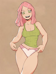 Rule 34 | 1girl, :d, artist name, boku no hero academia, breasts, brown background, cameltoe, cleavage, cleft of venus, crosshair pupils, green eyes, hatsume mei, lace, lace-trimmed panties, lace trim, lit silium, looking at viewer, medium breasts, open mouth, panties, pink hair, smile, solo, standing, symbol-shaped pupils, tank top, teeth, underwear, upper teeth only