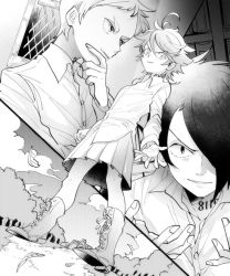 Rule 34 | 1girl, 2boys, ahoge, boots, cross-laced footwear, emma (yakusoku no neverland), greyscale, hair over one eye, lace-up boots, leaf, looking at viewer, monochrome, multiple boys, neck tattoo, norman (yakusoku no neverland), number tattoo, ray (yakusoku no neverland), tattoo, tree, uniform, yakusoku no neverland