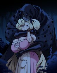 Rule 34 | 1boy, 1girl, absurdres, black gloves, black hair, black sclera, blonde hair, blue eyes, breasts, brown gloves, cleavage, closed mouth, colored sclera, dark, dress, forest, glitter n gold, gloves, grabbing, grabbing from behind, highres, hood, hood up, large breasts, long hair, looking at another, nature, night, open mouth, original, outdoors, pink dress, shiny skin, smile, tree, very long hair