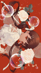 Rule 34 | 1girl, back, bow, brown hair, bubble, commentary, dress bow, ear piercing, flower, frills, from behind, hair ornament, hair ribbon, hairpin, highres, kashiwagi chisame, long hair, long sleeves, looking at viewer, looking back, low twintails, original, piercing, puffy sleeves, red background, red eyes, ribbon, rose, shirt, simple background, solo, straight hair, tareme, twintails, upper body, white bow, white flower, white ribbon, white rose, white shirt