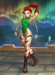 Rule 34 | 1girl, ahoge, arms up, beret, blue eyes, blurry, blurry background, bodypaint, boots, braid, breasts, breasts apart, brown footwear, cammy white, capcom, facial scar, fingerless gloves, full body, garrison cap, gloves, green leotard, gunshiprevolution, hat, huge ahoge, leotard, long hair, looking at viewer, medium breasts, muscular, open mouth, outdoors, red hat, ribbed leotard, scar, scar on cheek, scar on face, solo, standing, street fighter, thick thighs, thighs, thong leotard, toned, twin braids, very long hair