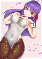 Rule 34 | 1girl, animal ears, black necktie, black pantyhose, border, breasts, cherry blossoms, covered navel, cowboy shot, detached collar, fake animal ears, fate/stay night, fate (series), fishnet pantyhose, fishnets, hair ribbon, leotard, long hair, looking at viewer, lying, matou sakura, medium breasts, nanasumi (pantie party project), necktie, pantyhose, parted lips, petals, pink background, playboy bunny, purple eyes, purple hair, rabbit ears, rabbit tail, red ribbon, ribbon, solo, strapless, strapless leotard, tail, thigh gap, two-tone background, white border, white leotard, wrist cuffs
