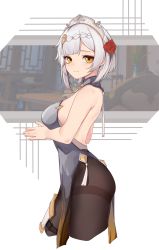 Rule 34 | 1girl, backless dress, backless outfit, bare arms, bare shoulders, braid, breasts, brown eyes, brown pantyhose, commentary, cropped legs, dress, flower, from side, genshin impact, grey dress, grey hair, hair flower, hair ornament, highres, inniyik, looking at viewer, looking to the side, medium breasts, noelle (genshin impact), own hands together, palms together, pantyhose, pelvic curtain, red flower, red rose, rose, short hair, solo, thighband pantyhose