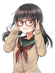 Rule 34 | 1girl, :3, adjusting eyewear, arms up, black hair, blunt bangs, blush, brown cardigan, cardigan, commentary request, doyagao, fang, fang out, fingernails, glasses, green sailor collar, green shirt, long hair, long sleeves, looking at viewer, low twintails, midorikawa you, neckerchief, original, red-framed eyewear, red eyes, red neckerchief, sailor collar, school uniform, serafuku, shirt, simple background, sleeves past wrists, smug, solo, twintails, upper body, v-shaped eyebrows, white background