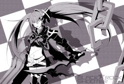 Rule 34 | 10s, 1girl, belt, black rock shooter, black rock shooter (character), boots, chain, checkered background, coat, cross, female focus, glowing, glowing eyes, greyscale, highres, huge weapon, knee boots, long hair, monochrome, navel, open mouth, priichu, scar, shadow, shorts, solo, star (symbol), sword, twintails, weapon