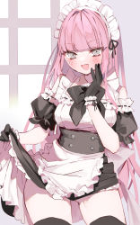 Rule 34 | 1girl, apron, black gloves, blunt bangs, blush, bow, buttons, detached collar, detached sleeves, double-breasted, ear piercing, frilled gloves, frills, gloves, gluteal fold, grey eyes, hand up, highres, hinamori (18ar0), lifting own clothes, looking at viewer, maid, maid apron, maid headdress, open mouth, original, petticoat, piercing, pink hair, smile, solo, wing collar