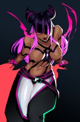 Rule 34 | 1girl, absurdres, adapted costume, arm support, baggy pants, ban1-ban1, bare shoulders, belt, black hair, black nails, blunt bangs, bracelet, breasts, closed mouth, collar, collarbone, colored inner hair, colored shadow, commentary, dark-skinned female, dark skin, english commentary, eye trail, feet out of frame, fingerless gloves, fingernails, fusion, gloves, gradient background, hair horns, hair over one eye, han juri, highres, jewelry, large breasts, light trail, long hair, looking at viewer, multicolored hair, navel, pants, pink eyes, pink hair, purple lips, reyna (valorant), shadow, sitting, smile, solo, spiked bracelet, spiked collar, spikes, stomach, streaked hair, street fighter, street fighter 6, two-tone hair, valorant, yin yang, yin yang print
