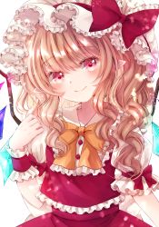 Rule 34 | 1girl, ascot, blonde hair, bow, crystal, flandre scarlet, frilled shirt, frilled shirt collar, frilled skirt, frilled sleeves, frills, hat, hat ribbon, jaku sono, medium hair, mob cap, one side up, puffy short sleeves, puffy sleeves, red bow, red eyes, red ribbon, red skirt, red vest, ribbon, shirt, short sleeves, side ponytail, simple background, skirt, skirt set, solo, touhou, vest, white background, white shirt, wings, yellow ascot