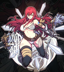Rule 34 | 1girl, arm armor, arm tattoo, black thighhighs, bra, breasts, cleavage, earrings, erza scarlet, fairy tail, highres, holding, holding polearm, holding sword, holding weapon, jewelry, large breasts, leather belt, leg armor, long hair, looking at viewer, lydart mclo, navel, panties, polearm, red hair, signature, solo, sword, tattoo, thighhighs, underboob, underwear, weapon, white bra, white panties, yellow eyes, zoom layer