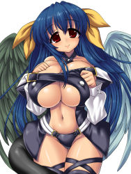 Rule 34 | 1girl, arc system works, asymmetrical wings, bad id, bad pixiv id, blue hair, breasts, curvy, dizzy (guilty gear), guilty gear, huge breasts, long hair, naru (kuma), red eyes, solo, tail, thighhighs, underboob, wings