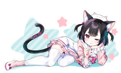 Rule 34 | 1girl, ;3, amimi, animal ear fluff, animal ears, animal hat, arm support, black hair, bow, cat ears, cat girl, cat hat, cat tail, commission, frilled sleeves, frills, hat, head rest, long sleeves, lying, on side, one eye closed, original, pink eyes, ribbon, shirt, skeb commission, skirt, tail, tail ornament, tail ribbon, thighhighs, two side up, white thighhighs, zettai ryouiki