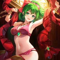 Rule 34 | 1girl, :d, absurdres, armpits, arms up, bare shoulders, bow, bracelet, breasts, cowboy shot, dancer, fire emblem, fire emblem: genealogy of the holy war, green eyes, green hair, halterneck, highres, jewelry, jurge, lene (fire emblem), long hair, looking at viewer, medium breasts, midriff, navel, nintendo, open mouth, pink bow, ponytail, sidelocks, smile, solo