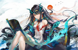 Rule 34 | 1girl, aqua fire, aqua hair, arknights, bare legs, bare shoulders, bird, black hair, black jacket, breasts, calligraphy brush, closed mouth, commentary, covered navel, dress, dusk (arknights), earrings, feet out of frame, fire, gradient hair, highres, holding, holding brush, horns, invisible chair, jacket, jewelry, lims (neko2lims), long hair, long sleeves, looking at viewer, makeup, mascara, multicolored hair, necktie, off shoulder, paintbrush, pointy ears, red eyes, red necktie, scroll, sitting, small breasts, smile, solo, sun, twitter username, very long hair, white dress