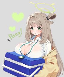 Rule 34 | 1girl, :o, absurdres, blue archive, blush, box, breast rest, breasts, button gap, cardigan, cleavage, cooler, flying button, grey background, hair ribbon, halo, heart, highres, holding, holding box, huge breasts, lanyard, light brown hair, long hair, looking at viewer, nonomi (blue archive), popped button, ribbon, ricocheting, see-through, see-through shirt, seoki (hi3031), shirt, simple background, solo, upper body, very long hair, white shirt, yellow cardigan