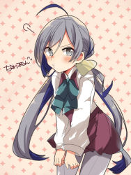 Rule 34 | 10s, 1girl, :t, ahoge, blue hair, blush, bow, bowtie, grey eyes, grey hair, kantai collection, kiyoshimo (kancolle), long hair, low twintails, multicolored hair, oomori (kswmr), pantyhose, pout, twintails, two-tone hair, very long hair