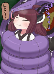 Rule 34 | +++, 1girl, ahoge, arbok, bdsm, bondage, bound, brown hair, closed mouth, commission, constriction, creatures (company), closed eyes, game freak, gen 1 pokemon, hair ornament, highres, nintendo, pokemon, pokemon (creature), rantana (lalalalackluster), restrained, skeb commission, touhoku kiritan, voiceroid