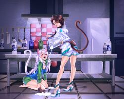 Rule 34 | absurdres, animal ears, apron, blue apron, blush, brown fur, brown hair, bucket, bucket spill, cat ears, cat girl, cat tail, corvax station, green eyes, highres, kitchen, legs, milk, non-web source, red eyes, refrigerator, space station 13, space station 14, spill, spilled milk, tail, tongue, tongue out, werkas, white fur, white hair