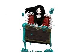 Rule 34 | 1girl, black hair, black shirt, bmp-to-png conversion, collarbone, extra mouth, floating liquid, game cg, in container, jumping, keyhole, long hair, long sleeves, looking at viewer, mimic, minelli (mon-musu quest!), mon-musu quest!, non-web source, raised eyebrow, red eyes, setouchi (blackse), sharp teeth, shirt, simple background, slime (substance), solo, teeth, tongue, tongue out, transparent background, treasure chest