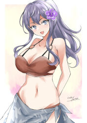 Rule 34 | 1girl, artist name, bikini, blue eyes, blue hair, breasts, brown bikini, cowboy shot, dated, flower, gakky, gotland (kancolle), grey sarong, hair flower, hair ornament, highres, kantai collection, large breasts, long hair, looking at viewer, mole, mole under eye, navel, o-ring, o-ring bikini, o-ring top, official alternate costume, one-hour drawing challenge, ponytail, sarong, smile, solo, swimsuit