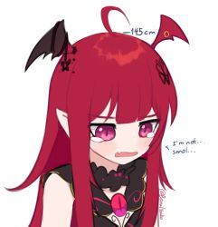 Rule 34 | 1girl, ahoge, araka luto, blush, commentary, english commentary, fang, head wings, height, height conscious, open mouth, pointy ears, prism project, purple eyes, red hair, simple background, slit pupils, solo, tears, twitter username, virtual youtuber, white background, wings, yoako