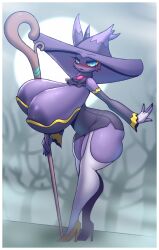 Rule 34 | 2girls, ass, blue eyes, blush, breasts, colored sclera, colored skin, creatures (company), female focus, fingerless gloves, full body, game freak, gen 4 pokemon, gigantic breasts, gloves, hat, highres, huge ass, mismagius, multiple girls, nail polish, nintendo, nipple slip, nipples, personification, pokemon, purple skin, r-mk, solo, staff, thick thighs, thighhighs, thighs, witch hat, yellow sclera