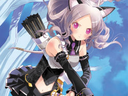 Rule 34 | animal ears, archer (fate), arrow (projectile), blush, bow (weapon), cat ears, detached sleeves, fate (series), highres, long hair, navel, original, purple eyes, quiver, silver hair, solo, weapon