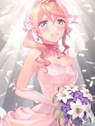 Rule 34 | 1girl, alisha diphda, blonde hair, blue eyes, blush, bouquet, breasts, cleavage, collarbone, diadem, dogwood (flower), dress, earrings, elbow gloves, flower, gloves, grin, hair between eyes, hair over shoulder, highres, holding, holding bouquet, jewelry, long hair, looking at viewer, necklace, purple flower, side ponytail, sleeveless, sleeveless dress, small breasts, smile, solo, standing, strapless, strapless dress, tales of (series), tales of zestiria, ubo (ubo tales), veil, wedding dress, white dress, white flower, white gloves