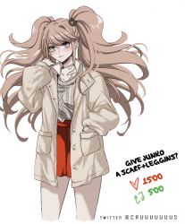 Rule 34 | 1girl, bear hair ornament, brown jacket, brown sweater, collarbone, collared shirt, criis-chan, cropped legs, danganronpa: trigger happy havoc, danganronpa (series), english text, enoshima junko, grey eyes, hair ornament, hand in pocket, hand up, jacket, like and retweet, long hair, long sleeves, meme, miniskirt, nail polish, open clothes, open jacket, parted lips, red nails, red skirt, shirt, simple background, skirt, sleeves past wrists, smile, solo, sweater, sweater tucked in, twintails, twitter strip game (meme), twitter username, white background, white shirt