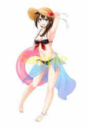 Rule 34 | 1girl, :d, adapted costume, anklet, arm behind head, arm up, armpits, bare legs, barefoot, bikini, black bikini, blue eyes, blush, braid, brown hair, flower, front-tie bikini top, front-tie top, full body, hair flaps, hair over shoulder, hair ribbon, hat, hat flower, hibiscus, highres, innertube, jewelry, kantai collection, long hair, looking at viewer, open mouth, red flower, red ribbon, ribbon, sample watermark, sarong, see-through, shigure (kancolle), shigure kai ni (kancolle), side-tie bikini bottom, simple background, single braid, smile, solo, straw hat, swim ring, swimsuit, tareme, watermark, white background, yamamura umi