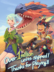Rule 34 | 1boy, 1girl, absurdres, arm guards, armlet, armor, black hair, bridal gauntlets, capcom, commentary, ena (monster hunter), english commentary, english text, tooth necklace, fangs, feet, green hair, happy, highres, laughing, milestone celebration, monster hunter (series), monster hunter stories 2, official art, outdoors, protagonist (mhs2), rathalos, red eyes, rock, sandals, sitting, spiked hair, tan, toes, tribal