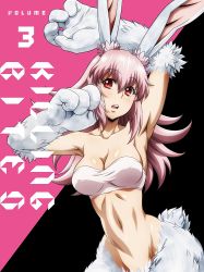 Rule 34 | 10s, 1girl, animal ears, arms up, breasts, collarbone, copyright name, cover, cover page, covered erect nipples, fur, highres, inaba ui, killing bites, large breasts, long hair, navel, official art, open mouth, pink hair, rabbit ears, rabbit tail, red eyes, solo, tail, teeth, upper teeth only, watanabe kazuo