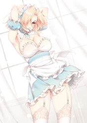 Rule 34 | 1girl, apron, armpits, arms up, blonde hair, blue eyes, breasts, detached collar, dutch angle, frills, garter straps, kinhasu, large breasts, maid, maid headdress, original, pale skin, parted lips, short hair, solo, standing, thighhighs, underwear, white thighhighs