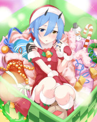 Rule 34 | 1girl, :o, bell, blue hair, blush, boots, box, candy, candy cane, christmas, dress, fingerless gloves, food, fur trim, gift, gloves, heterochromia, highres, holly, horns, in box, in container, io (pso2), looking at viewer, parted lips, phantasy star, phantasy star online 2, pom pom (clothes), red dress, red gloves, santa costume, short hair, sitting, snowman, solo, wreath