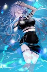 Rule 34 | 1girl, aqua eyes, black choker, black skirt, breasts, choker, crop top, cross-laced clothes, cross-laced skirt, detached sleeves, feet out of frame, grey hair, hair between eyes, highres, in water, large breasts, long hair, looking at viewer, lying, mole, mole under mouth, nijisanji, on back, shinsekki, side slit, sidelocks, skirt, solo, sophia valentine, swept bangs, thigh strap, virtual youtuber, water