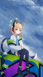 Rule 34 | 1girl, absurdres, animal ear headphones, animal ears, assault rifle, bad id, bad pixiv id, bird, black thighhighs, blue archive, blunt bangs, brown hair, cat ear headphones, cat ears, cat tail, cloud, cloudy sky, collared shirt, commentary request, fake animal ears, green eyes, gun, hair ribbon, headphones, highres, long sleeves, looking away, midori (blue archive), necktie, paralier, parted bangs, pleated skirt, ribbon, rifle, school uniform, seagull, shirt, short hair, sidelocks, sitting, skirt, sky, tail, thighhighs, tress ribbon, weapon, zettai ryouiki