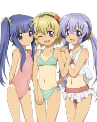 Rule 34 | 3girls, ;d, alternate hairstyle, arm behind back, bare shoulders, bikini, bikini skirt, blonde hair, blue hair, blunt bangs, bow, breasts, casual one-piece swimsuit, child, collarbone, compacthuman, covered navel, cowboy shot, flat chest, frills, furude rika, girl sandwich, hair between eyes, hair over breasts, hair ribbon, hairband, hanyuu, heads together, higurashi no naku koro ni, holding hands, horns, houjou satoko, light smile, lineup, long hair, looking at viewer, midriff, multiple girls, navel, one-piece swimsuit, one eye closed, open mouth, purple eyes, purple hair, ribbon, rumia (compacthuman), sandwiched, scrunchie, short hair, side-tie bikini bottom, sideboob, sidelocks, simple background, small breasts, smile, standing, swimsuit, tan, tankini, tanline, thigh gap, twintails, very long hair, white background, wink