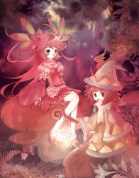 Rule 34 | 2girls, fairy, flower, forest, lantern, mushroom, nature, red hair, multiple girls