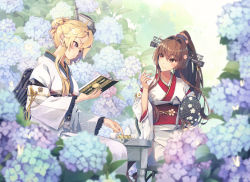 Rule 34 | 2girls, blue eyes, book, breasts, brown eyes, brown hair, cherry blossoms, flower, hair flower, hair ornament, hand fan, head tilt, highres, himeyamato, iowa (kancolle), japanese clothes, kantai collection, kimono, large breasts, long hair, looking to the side, multiple girls, open mouth, ponytail, reading, smile, solo, star (symbol), symbol-shaped pupils, very long hair, yamato (kancolle), yamato kai ni (kancolle)