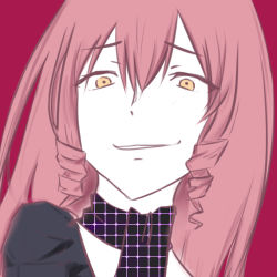 Rule 34 | 10s, 1girl, akuma no riddle, curly hair, drill hair, grin, hair between eyes, inukai isuke, pink hair, portrait, red background, scarf, simple background, sketch, smile, smirk, solo, unmoving pattern, yellow eyes, yukai